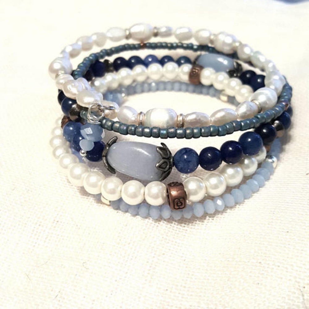 Shabby Chic 5 Layer Pearly Blue Lapis Bracelet - Picture 3 of 8